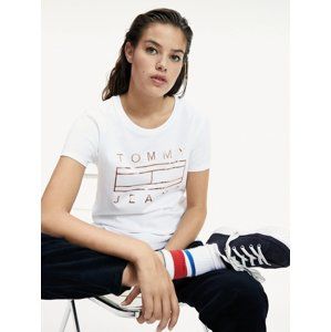 Tommy Hilfiger dámské bílé tričko Metallic - L (YA2)
